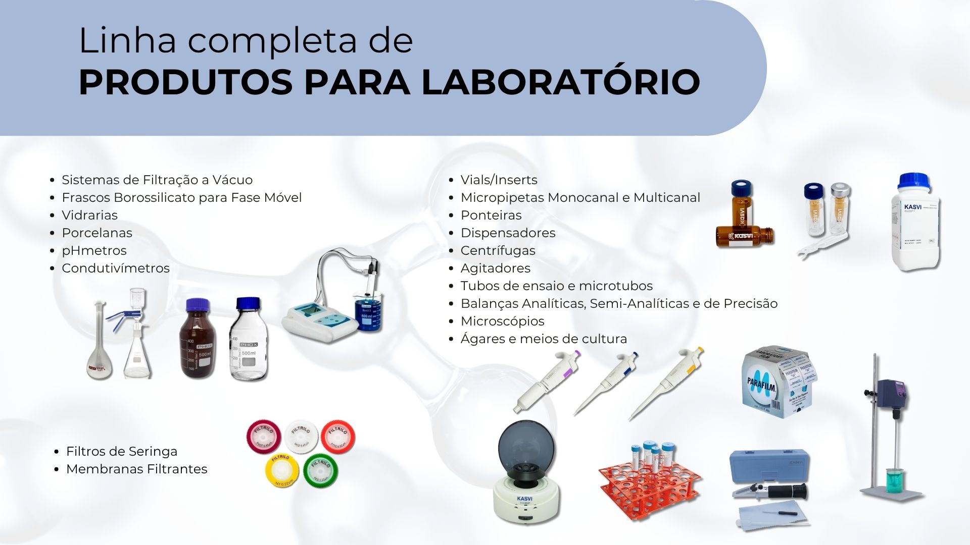 Produtos para laboratório — vidrarias, pHmetros, micropipetas e filtros