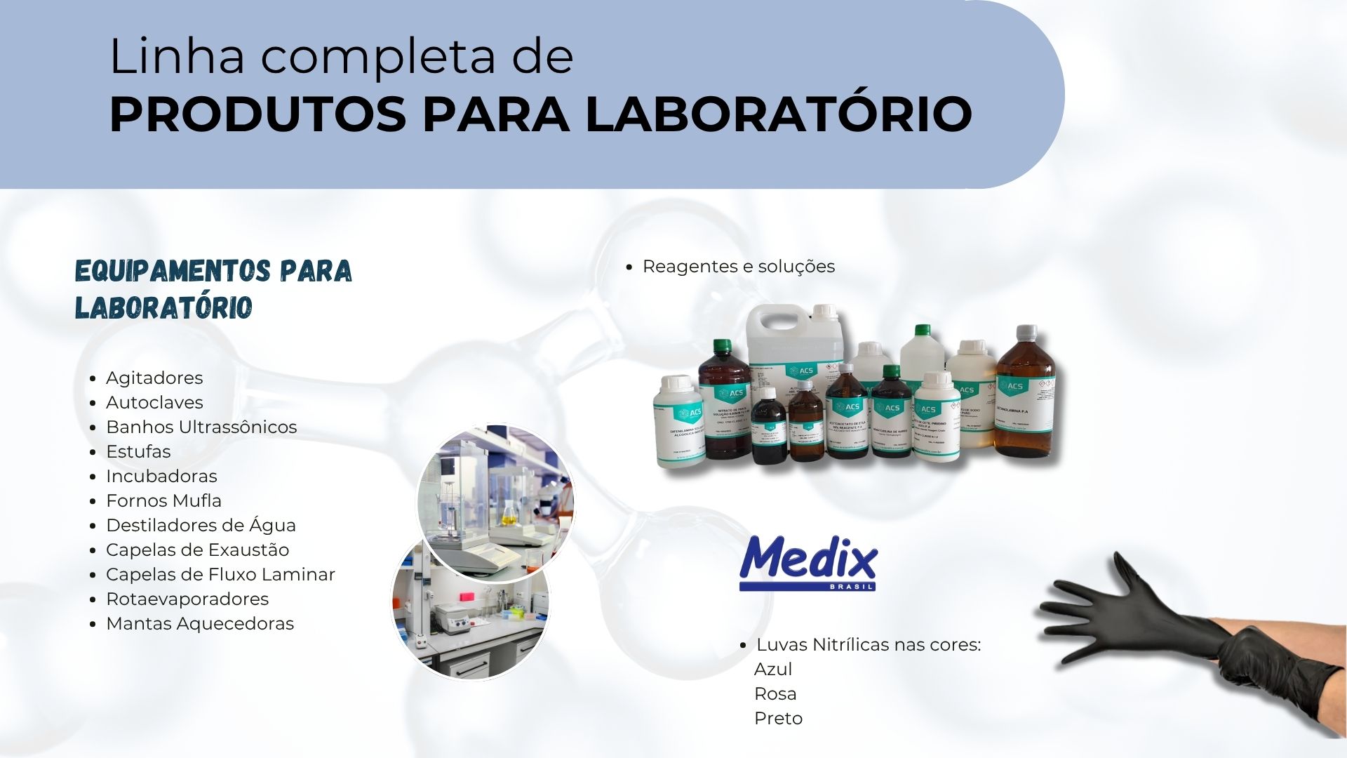 Equipamentos para laboratório — autoclaves, estufas, capelas e reagentes